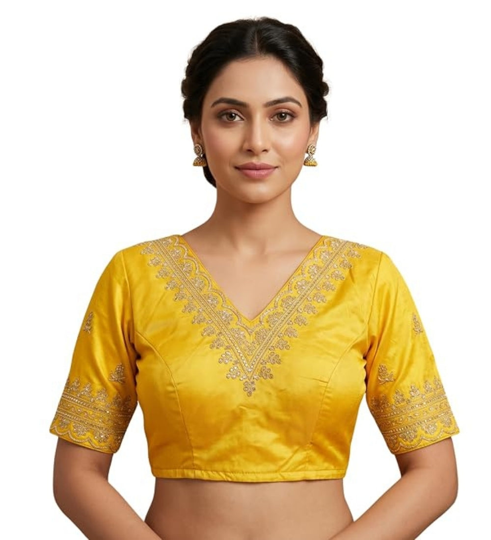 Generic Women's Satin Embroidered Half sleeve V-Neck Padded Readymade Blouse (Yellow, Size 38 - Self-Alterable 36�40)