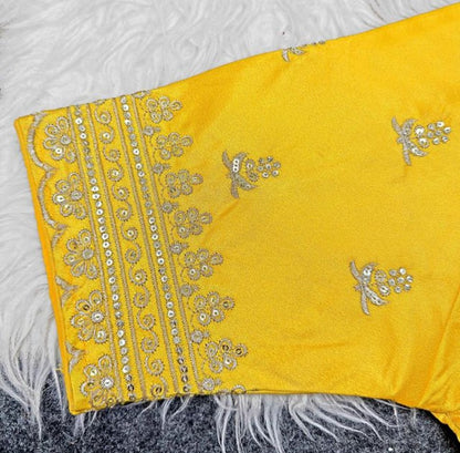 Generic Women's Satin Embroidered Half sleeve V-Neck Padded Readymade Blouse (Yellow, Size 38 - Self-Alterable 36�40)