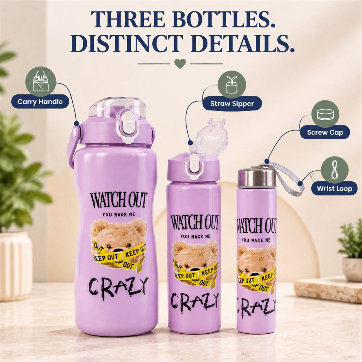Three purple water bottles with a teddy bear design, highlighting features like carry handle, straw sipper, screw cap, and