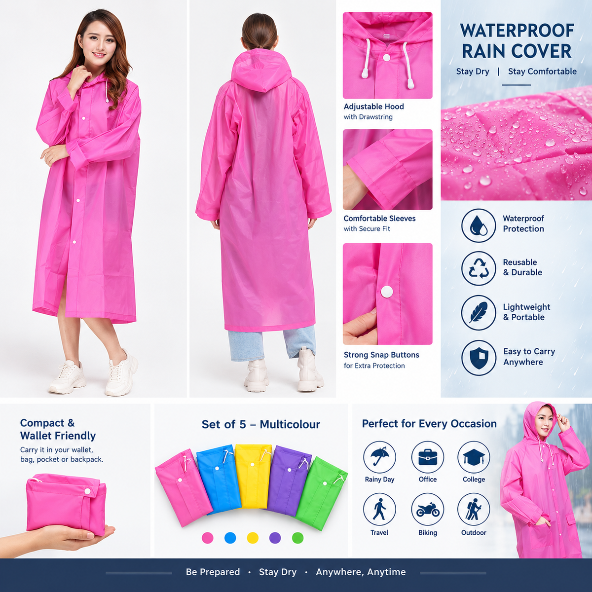 🌧️ Reusable Raincoat Wallet Card – Waterproof Rain Cover (Set of 5, Multicolour)