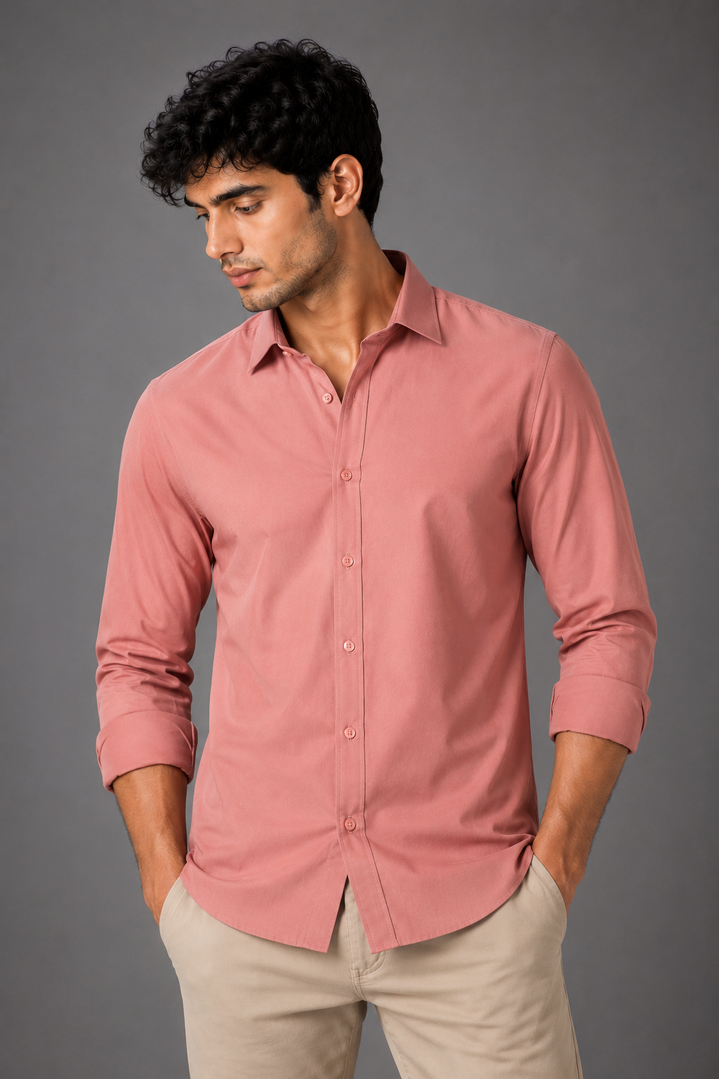 Men's Premium 100% Cotton Plain Full Sleeve Shirt | Heavy Stiff Collar & Cuff | Enzyme Washed | Laffer Peach Fabric