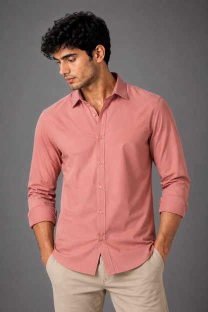 Men's Premium 100% Cotton Plain Full Sleeve Shirt | Heavy Stiff Collar & Cuff | Enzyme Washed | Laffer Peach Fabric