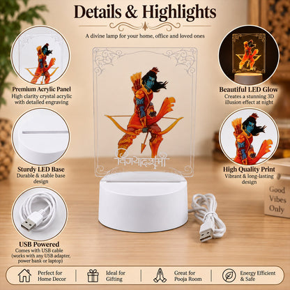 Infographic detailing the Lord Ram 3D LED lamp's features, including its acrylic panel, LED base, and USB power, with