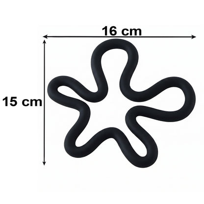 A black silicone flower-shaped hot pot holder on a white background with dimensions 16 cm by 15 cm indicated.