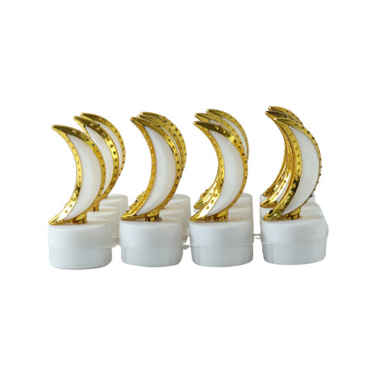 Eight golden crescent moon LED tealights on a white background, unlit and in two rows.
