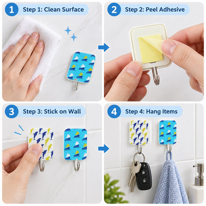 Four-step instruction guide for applying the adhesive hooks and hanging items on a tiled wall.