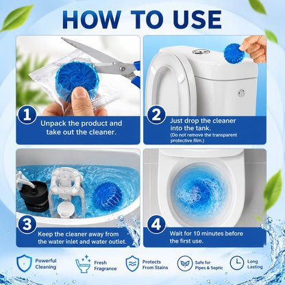 A four-panel graphic illustrates how to use the blue toilet cleaner tablets, from unpacking to waiting 10 minutes.