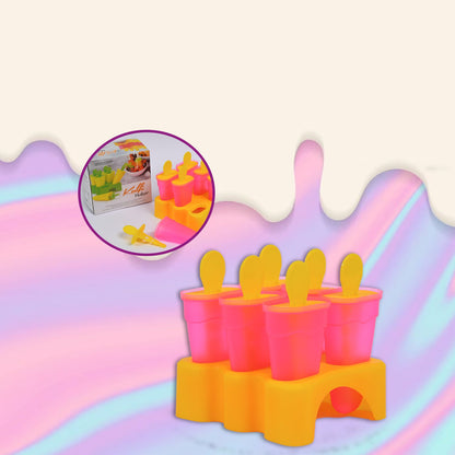 A pink and yellow popsicle mold set on a colorful background, with a circular inset showing the product box and molds.