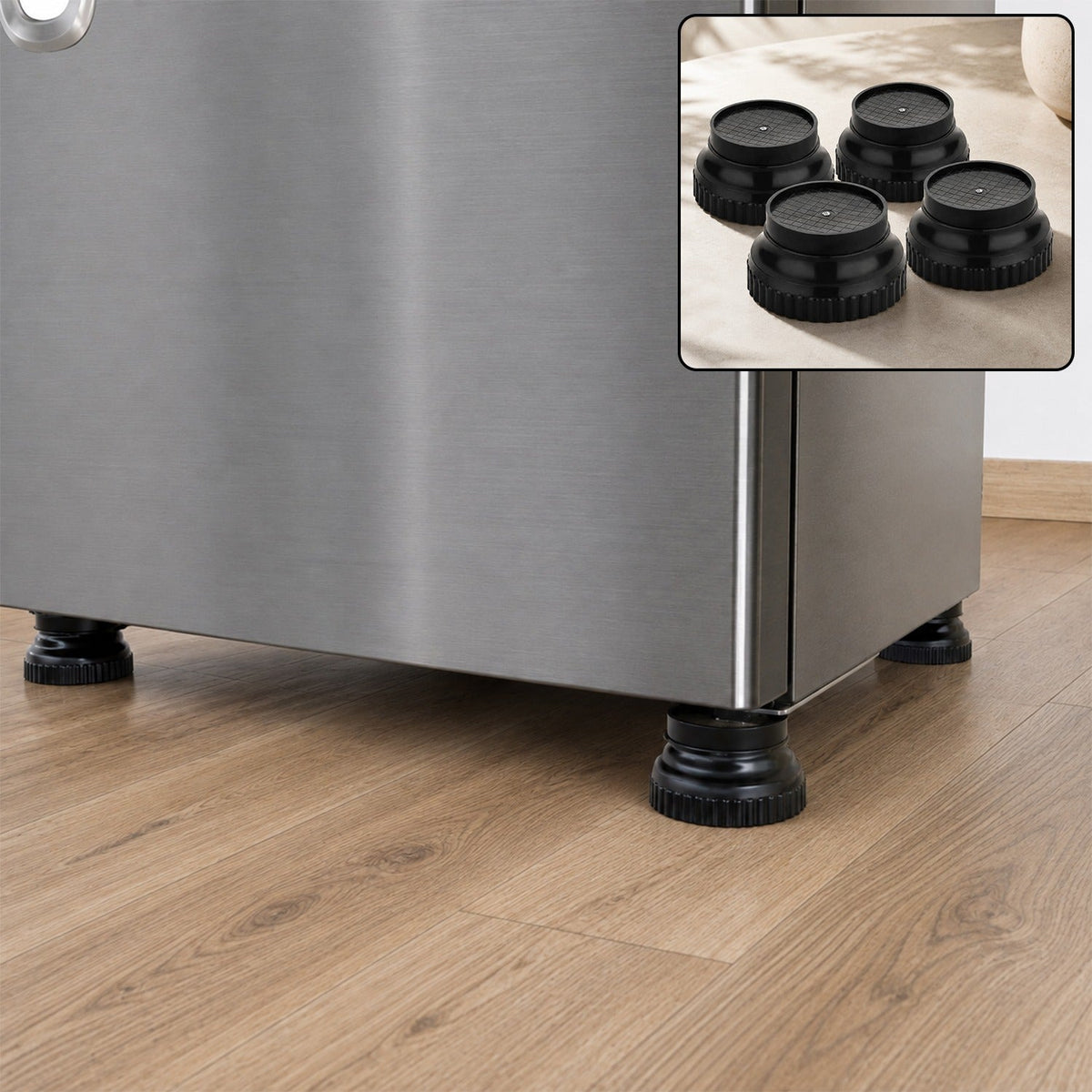 Four black plastic support legs elevating a stainless steel refrigerator on a wooden floor, with an inset showing the legs