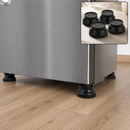 Four black plastic support legs elevating a stainless steel refrigerator on a wooden floor, with an inset showing the legs