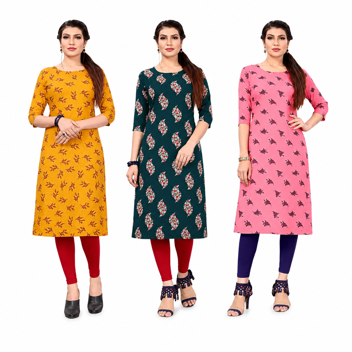 Women's Long American Crepe Kurti | Printed Casual Ethnic Wear | Random Design and Color | Combo Pack