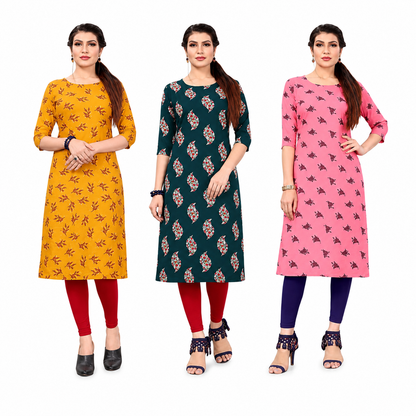 Women's Long American Crepe Kurti | Printed Casual Ethnic Wear | Random Design and Color | Combo Pack