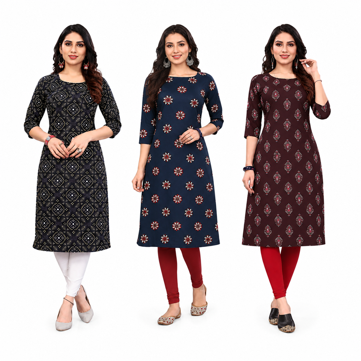 Women's Long American Crepe Kurti | Printed Casual Ethnic Wear | Random Design and Color | Combo Pack