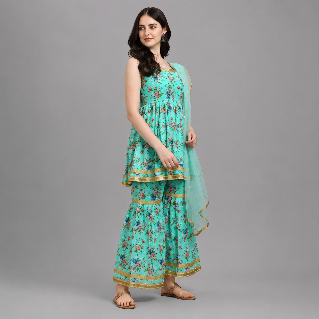 Women's Premium 3-Piece Sharara Suit Set with Inner Lining | Embroidered Ethnic Kurta, Sharara & Dupatta | M to XXL | 5-6 Colors Available