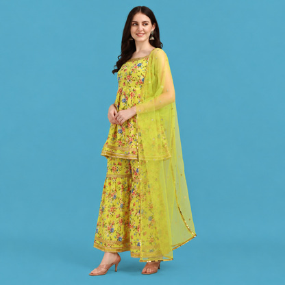 Women's Premium 3-Piece Sharara Suit Set with Inner Lining | Embroidered Ethnic Kurta, Sharara & Dupatta | M to XXL | 5-6 Colors Available