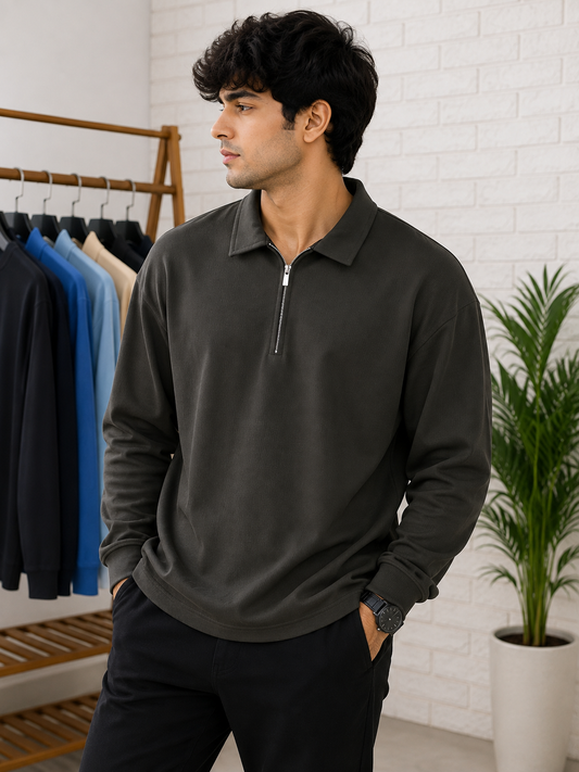 Men's Premium Imported Fabric Polo T-Shirt with Zipper | Chest Embroidery | 260 GSM | Full Sleeve | Regular Fit