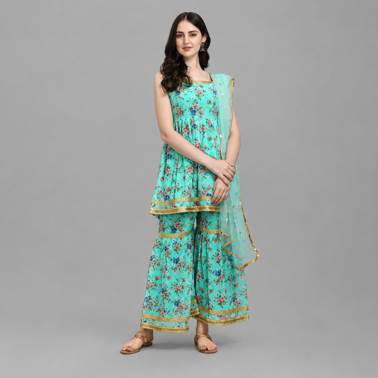 Women's Premium 3-Piece Sharara Suit Set with Inner Lining | Embroidered Ethnic Kurta, Sharara & Dupatta | M to XXL | 5-6 Colors Available