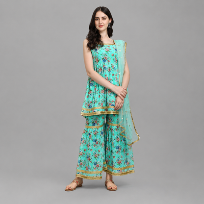 Women's Premium 3-Piece Sharara Suit Set with Inner Lining | Embroidered Ethnic Kurta, Sharara & Dupatta | M to XXL | 5-6 Colors Available