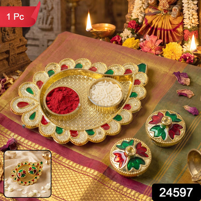 Mango Shape Kumkum Dish with 2 Diya Stands for Puja Thali Decor
