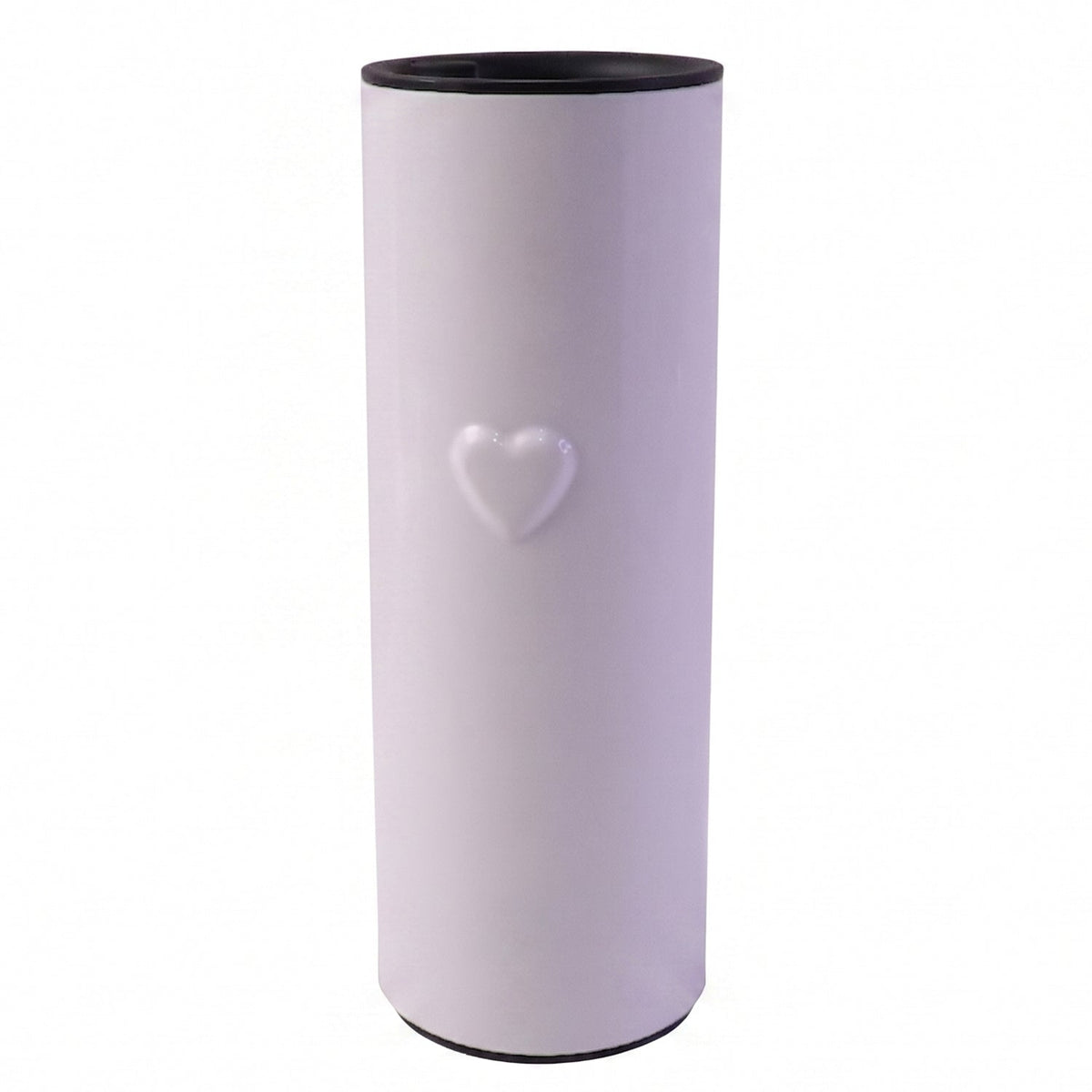 A plain white thermal tumbler with a raised heart design on its surface, featuring a black rim and base.