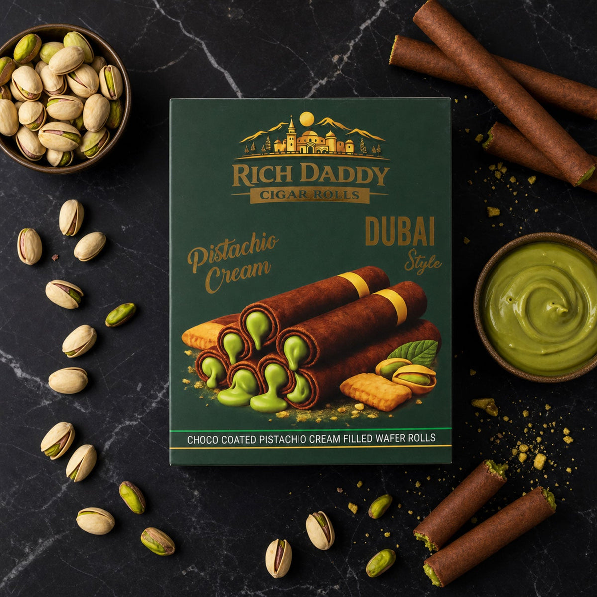 Rich Daddy Pistachio Cream Cigar Rolls box with foil-wrapped rolls